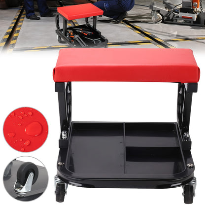 Werkkruk Garagekruk Werkstoel Werkbank Krukje – Mobiele Zwenkwielen Gereedschapbak – PU Lederen Zitkussen – Robuust IJzeren Frame – 36x37x33,5 cm – 360° Draaibaar