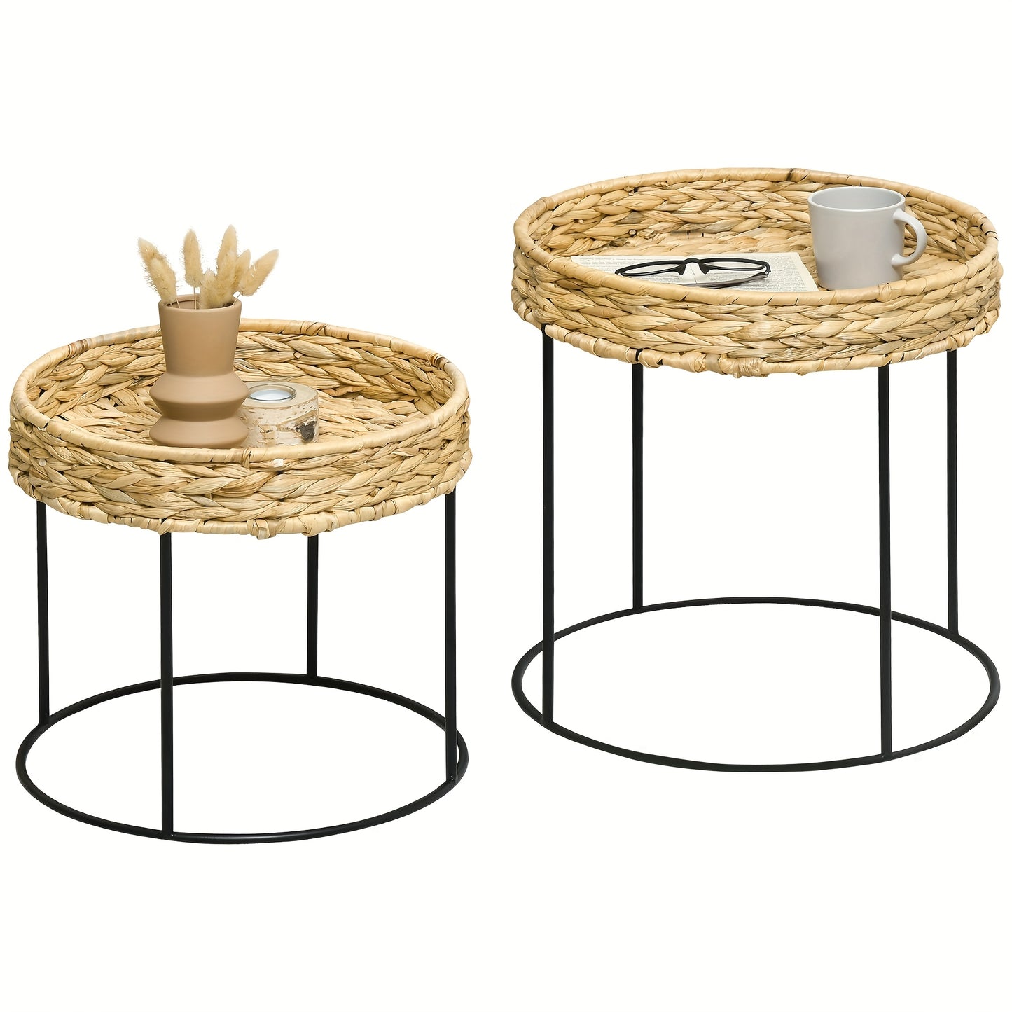 Salontafel – Bijzettafel – Koffietafel – Tafeltje – Bohemien – Set Van 2 – Hyacintvezel Tafelblad – Stevig Stalen Onderstel