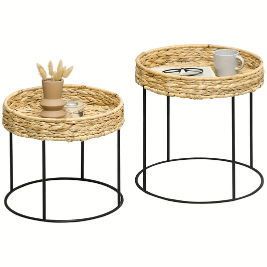 Salontafel – Bijzettafel – Koffietafel – Tafeltje – Bohemien – Set Van 2 – Hyacintvezel Tafelblad – Stevig Stalen Onderstel