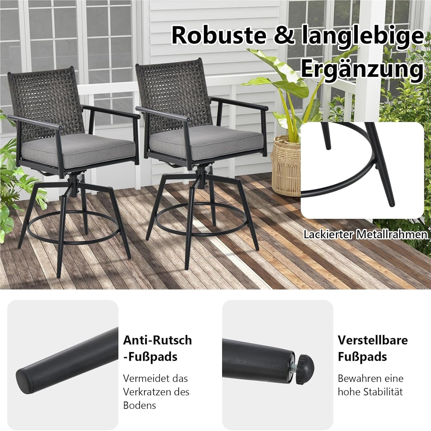 Barstoel – Barkruk – Barstoel Set – Barstoelen – Bistrostoel – 360° Draaibaar – 2-Laags PE-Rattan Rugleuning – Verstelbare Voetensteun – Metalen Frame – Set Van 2 – Zithoogte 64 cm