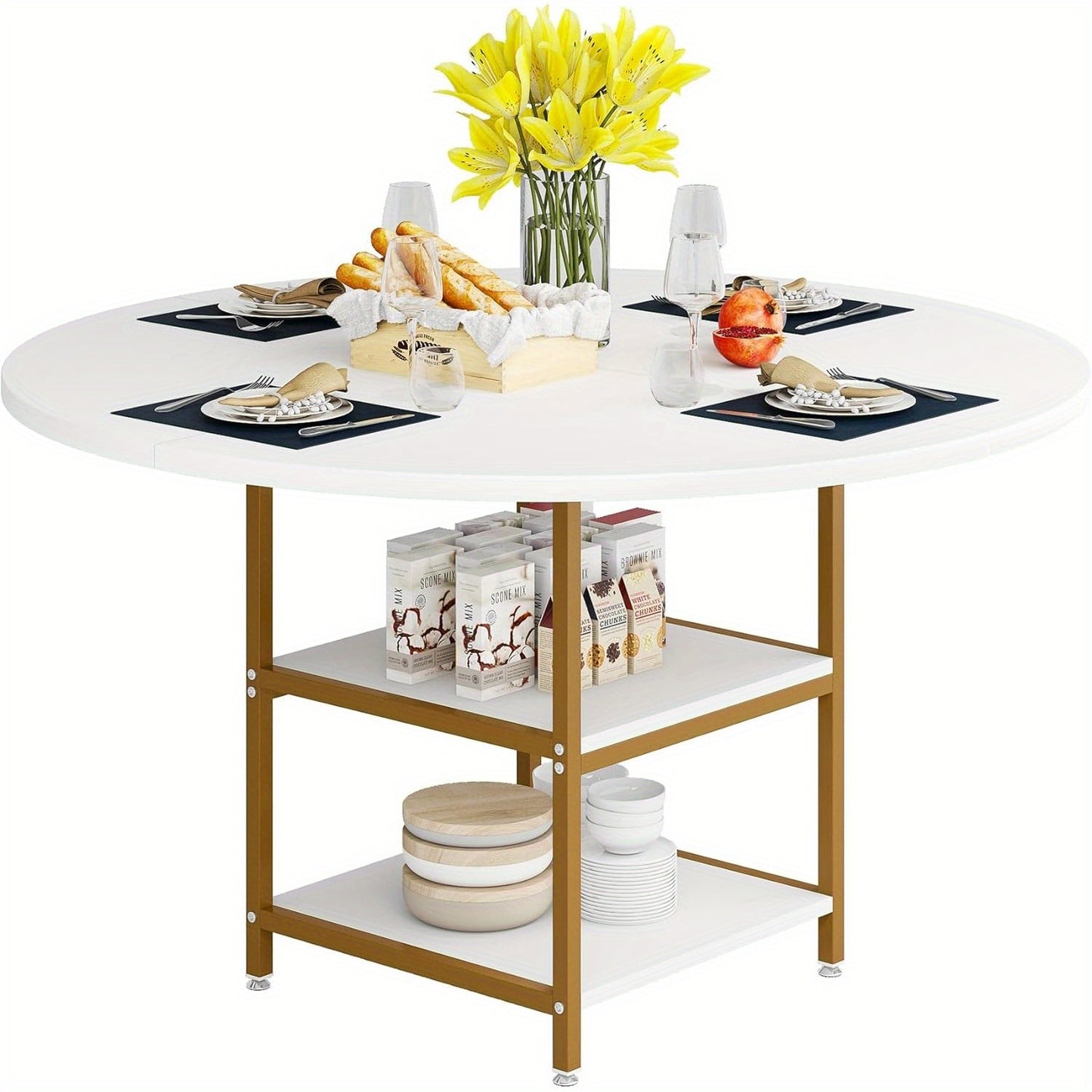 Ronde Eettafel – Keukentafel – Tafel Voor Eetkamer – Kleine Eettafel – Ronde Keukentafel Wit Goud – 47 Inch Voor 4 Personen – Met 2-Delige Opbergruimte – Duurzaam Engineered Hout