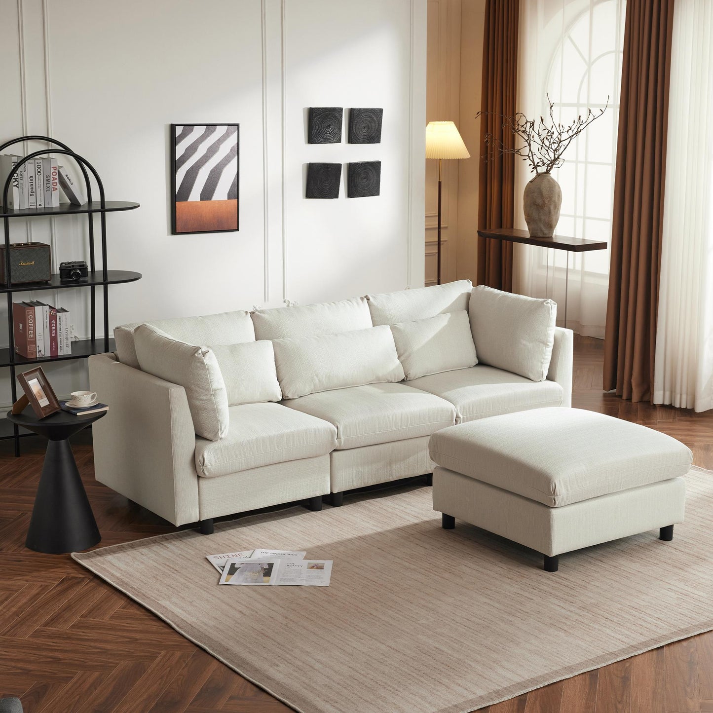 Hoekbank – Hoeksalon – Loungebank – Slaapbank – 3-Zitsbank – Katoen-Linnen Stof – Verwijderbare Voetenbank – Stevig Houten Frame – Comfortabele Kussens