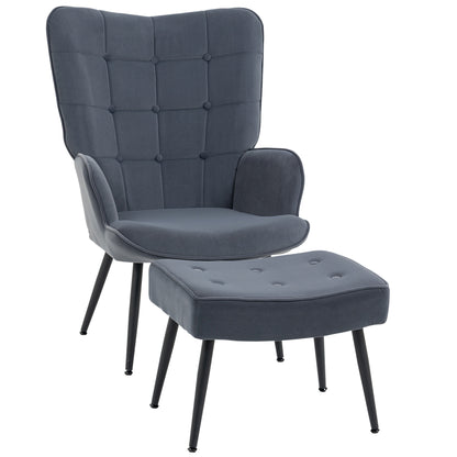 Fauteuil Met Ottoman – Relaxstoel – Zetel – Lounge Stoel – Leunstoel – Donkergrijs – Button-Tufted Bekleding – Draagkracht 120 Kg