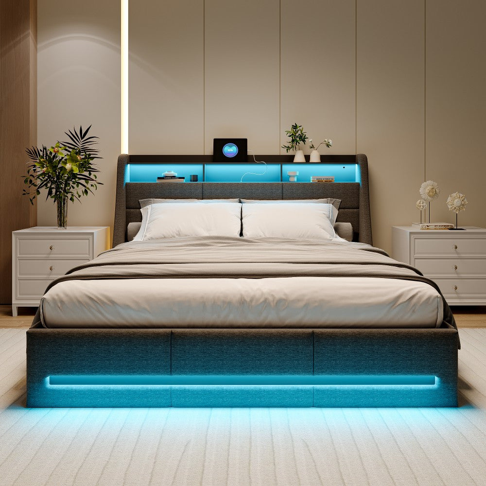 Gestoffeerd Tweepersoonsbed 160x200 – Opbergbed – Slaapbank – Bedframe – Boxspringbed – Hydraulische Opbergruimte – Grijze Linnen Bekleding
