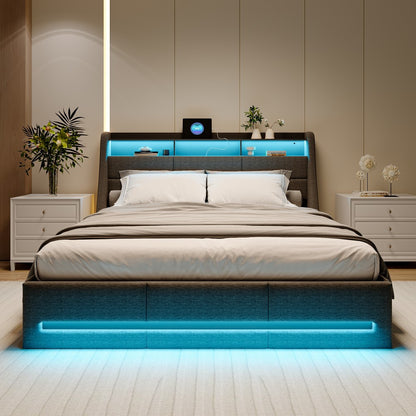 Gestoffeerd Tweepersoonsbed 160x200 – Opbergbed – Slaapbank – Bedframe – Boxspringbed – Hydraulische Opbergruimte – Grijze Linnen Bekleding