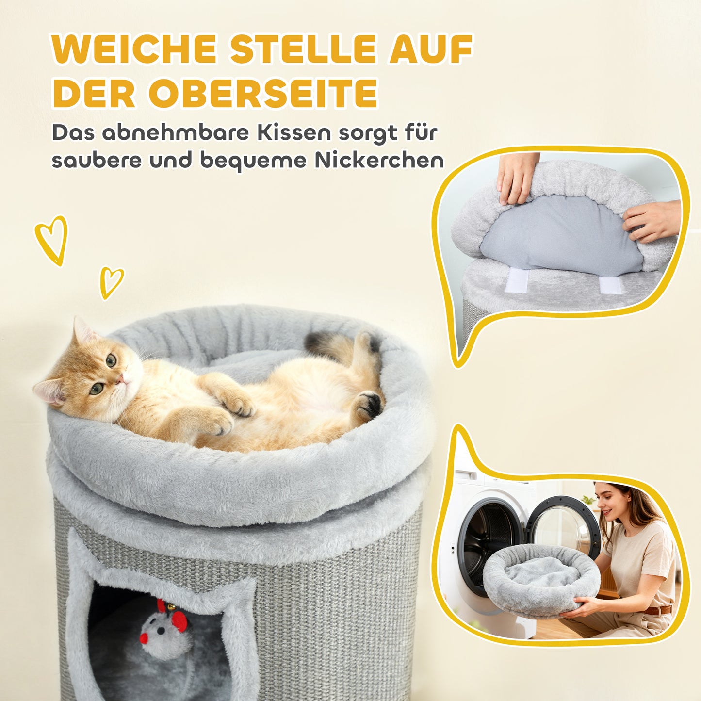 Kattenkrabpaal – Krabpaal – Kattenboom – Kattenhuis – Kattenmeubel – Grijs – 96 cm Hoog – 3 Holletjes Met Wasbaar Bed