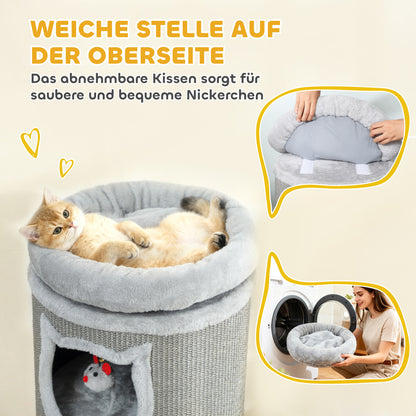 Kattenkrabpaal – Krabpaal – Kattenboom – Kattenhuis – Kattenmeubel – Grijs – 96 cm Hoog – 3 Holletjes Met Wasbaar Bed