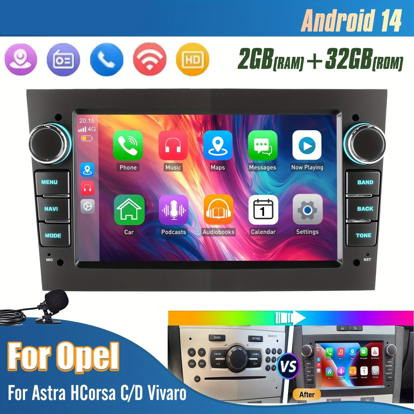 Android 14 Autoradio – 2DIN GPS Navigatie – Carplayer Multimedia Systeem – Draadloze Bluetooth Radio – 7 Inch HD Touchscreen – 2GB RAM 32GB Opslag – Wifi Mirror Link – Handsfree Bellen Met Microfoon