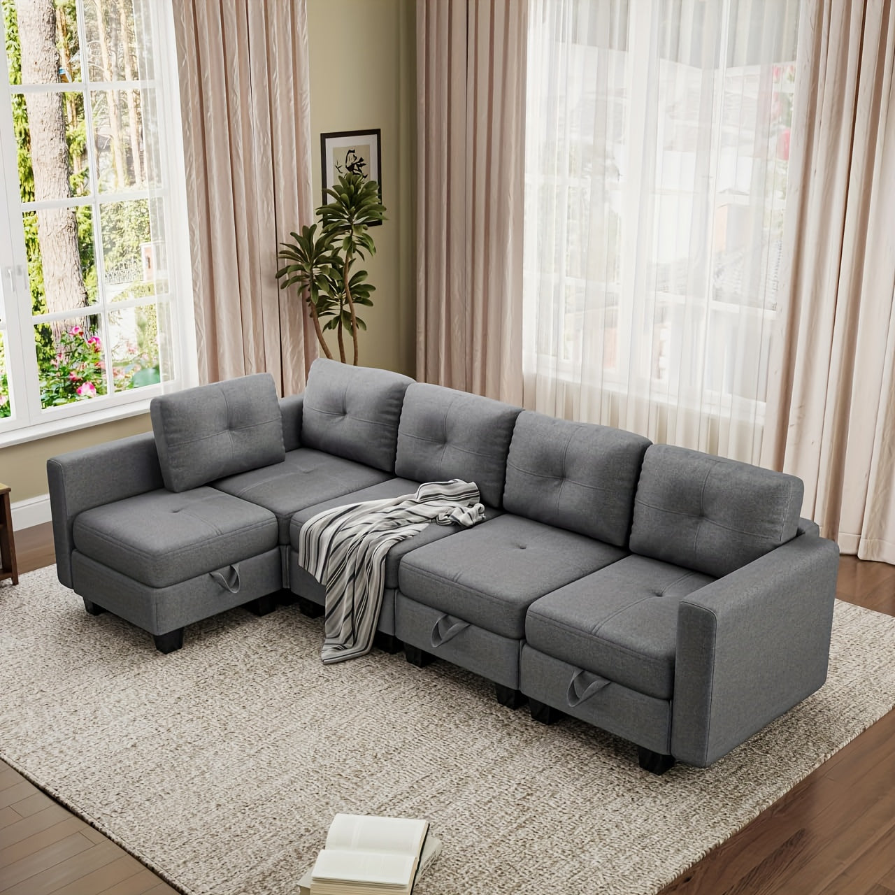Modulaire U-vormige Bank – Hoekbank – L-vormige Bank – Slaapbank – Loungeset – Vijfzitplaats – Met Opbergruimte Onder Zittingen – Met Comfortabele Memory Foam Vulling