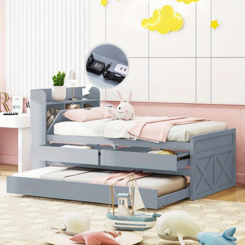 Bedframe – Eenpersoonsbed – Slaapbank – Opbergbed – Studentenbed – Compact Formaat 90x190 cm – Uittrekbare Lade & Ingebouwd Nachtkastje – Modern Kunststof Zonder Hout