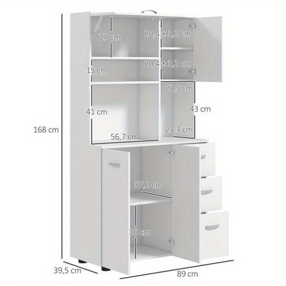 Kitchen cabinet, buffet, 3 drawers, 3 shelves, plenty of storage space, 89 x 39.5 x 168cm, white, Home Organization, Pantry Storage, Sleek Design, Contemporary Furniture, Sturdy Shelves, Solid Wood Furniture, Multifunctional