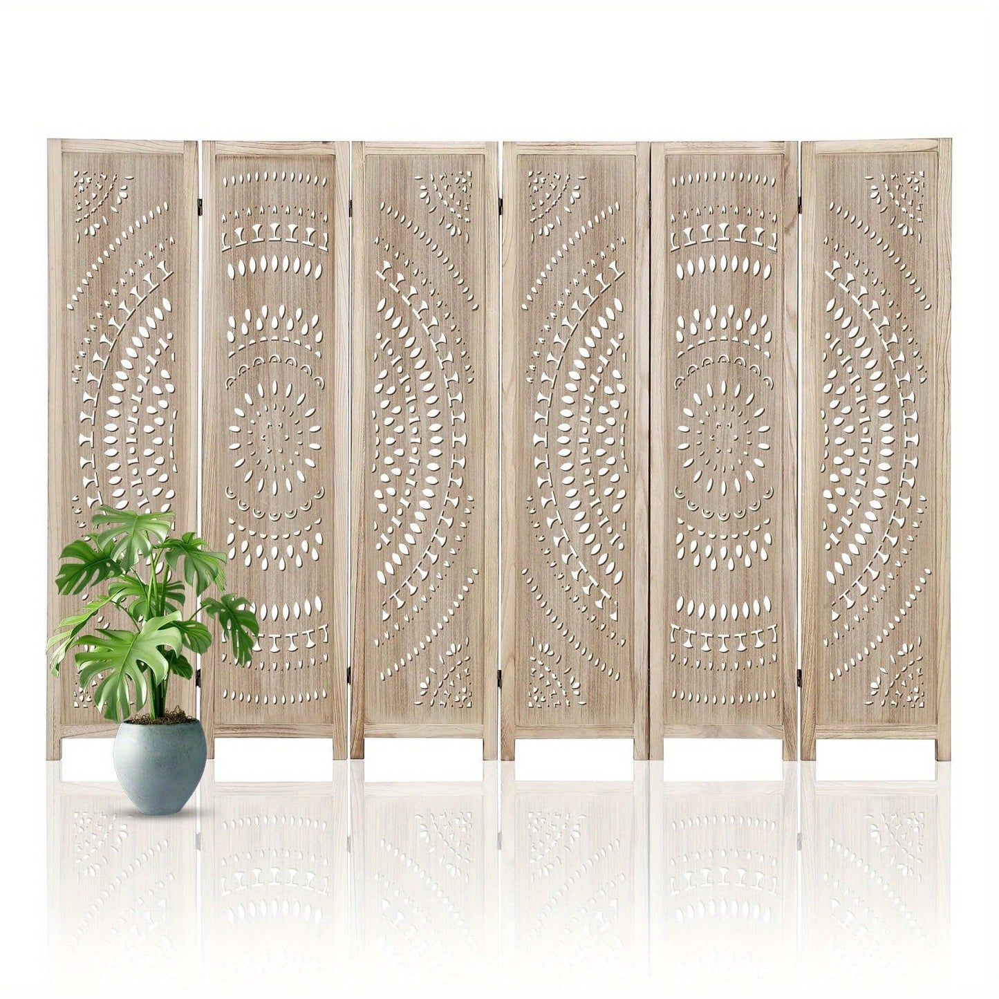 Houten Kamerscherm – Room Divider – Ruimteverdeler – Scheidingswand – Vouwscherm – 6 Panelen Massief Hardhout – Fraai Uitgesneden Bloemmotief – Vrijstaand En Inklapbaar – Lichtbruine Houtkleur
