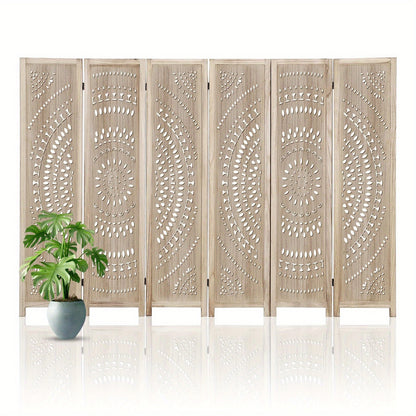 Houten Kamerscherm – Room Divider – Ruimteverdeler – Scheidingswand – Vouwscherm – 6 Panelen Massief Hardhout – Fraai Uitgesneden Bloemmotief – Vrijstaand En Inklapbaar – Lichtbruine Houtkleur
