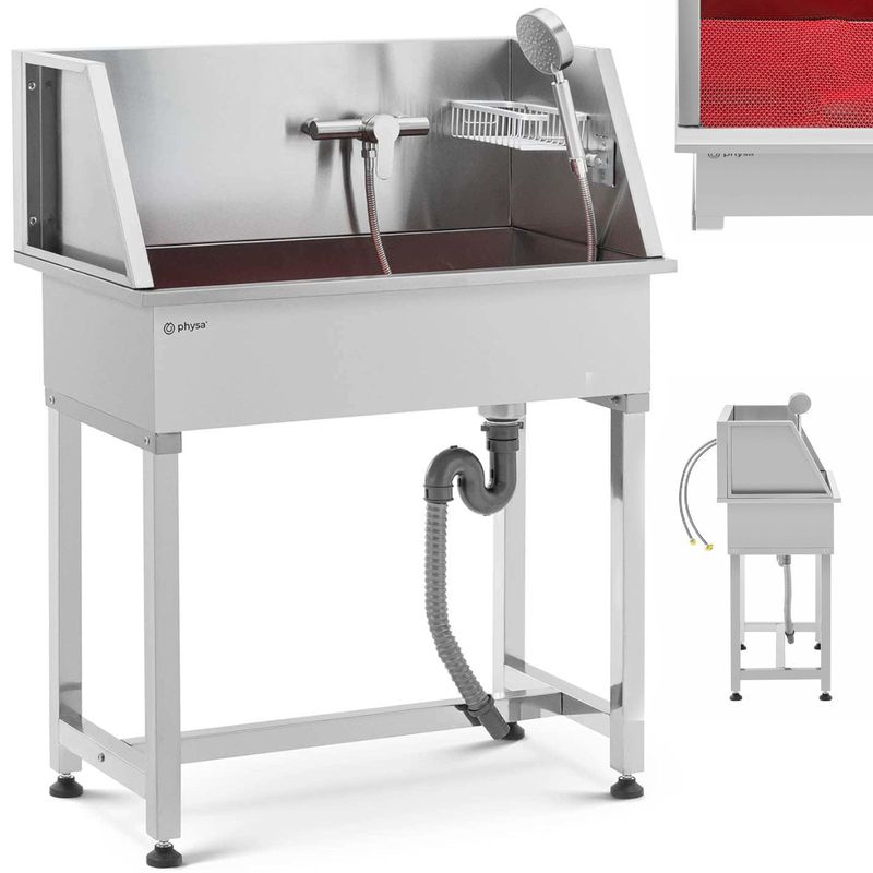 Hondenbadkuipje – Hondenwasbak – Dierenwasbak – Trimsalon Badkuip – Hondenverzorgingsbad – RVS Badkuip – 85 x 48 x 118 cm – Inclusief Douchekop en Thermostaatkraan