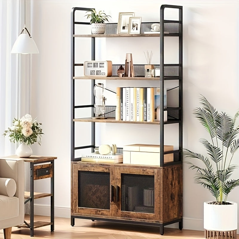 Bookshelf with Doors Industrial Bookcase with 4 Tiers Open Storage Shelf Rustic Bookshelves 180.01cm Tall Display Rack Cabinet Farmhouse Bookshelf for Bedroom, Living Room, Home Office