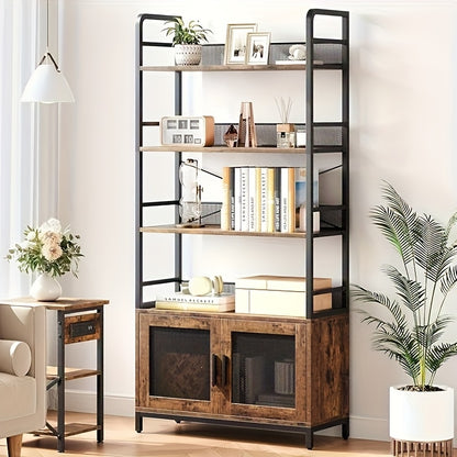 Bookshelf with Doors Industrial Bookcase with 4 Tiers Open Storage Shelf Rustic Bookshelves 180.01cm Tall Display Rack Cabinet Farmhouse Bookshelf for Bedroom, Living Room, Home Office