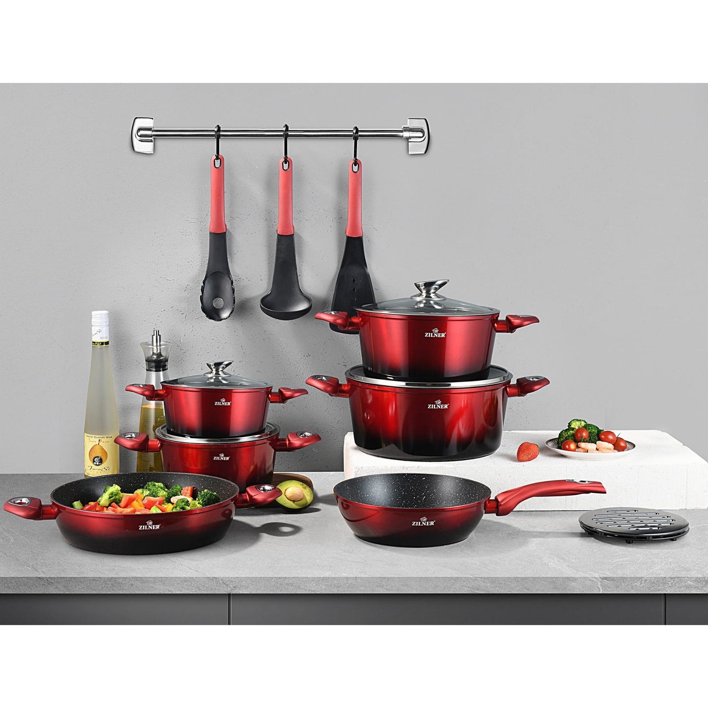 Pannenset – Kookset – Pannen Set – Koekenpannen – Potten en Pannen – Inductie Geschikt – Keramische Antiaanbaklaag – Rood – 15-delig