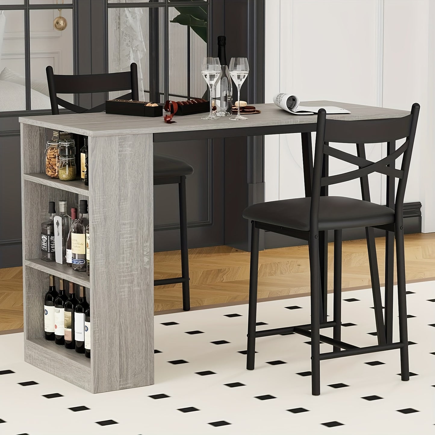 2pcs or 3pcs Drop Leaf Dining Table Set with Upholstered Chairs & 3-Tier Storage Shelves - Space-Saving Counter Height Folding Design, Rustic Farmhouse Style