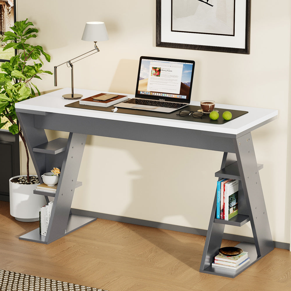 Bureau – Bureautafel – Werkplek – Computertafel – Computerbureau – Modern X-frame – Ruim Werkblad – Open Opberglades – Stevig & Onderhoudsvriendelijk – Grijs/Wit