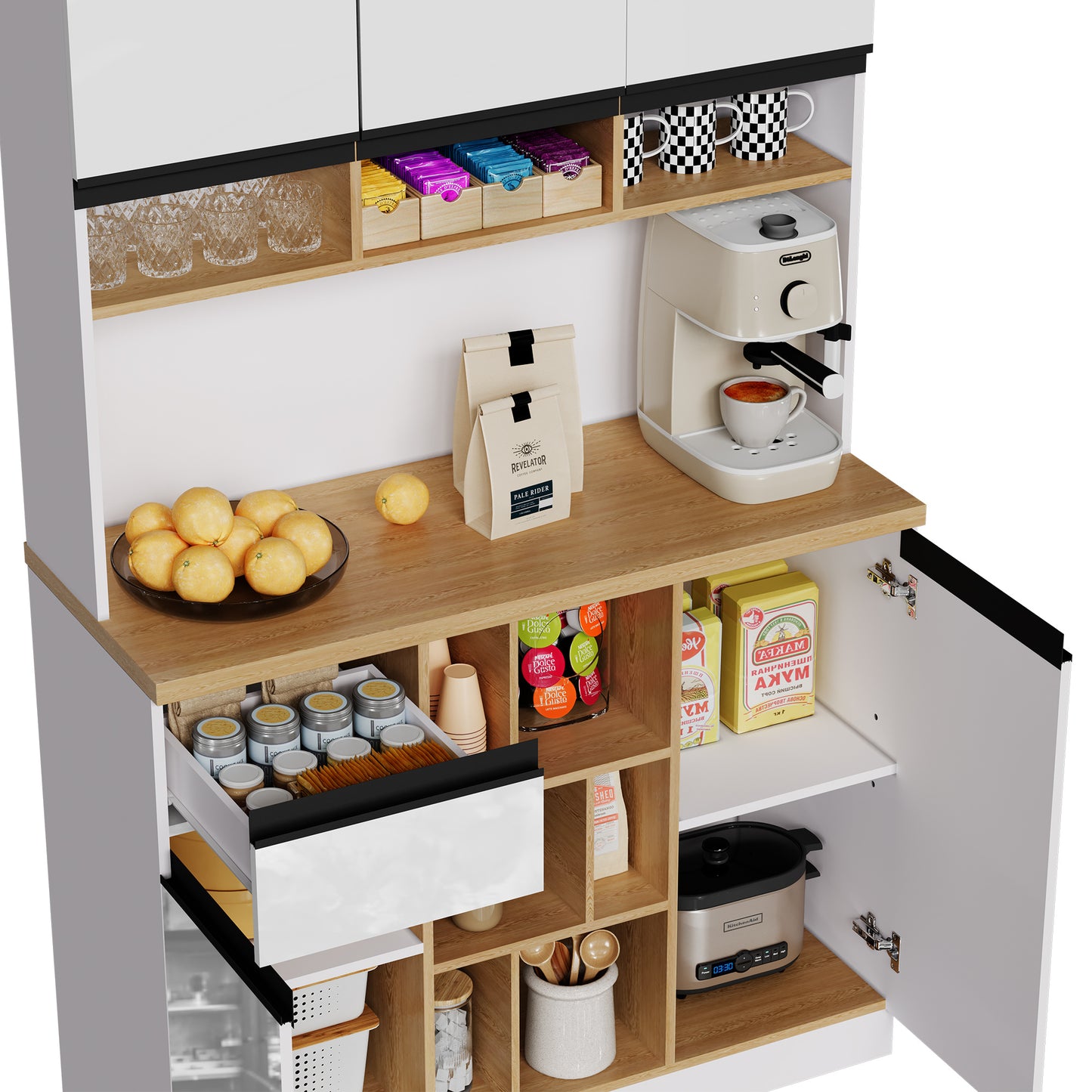 Buffetkast – Hoge Kast – Opbergkast – Dressoir – Keukenkast – Hoogglans Wit – Zwarte Metalen Handgrepen – 185 cm Hoog – Verstelbare Planken & Anti-Kantelbeveiliging