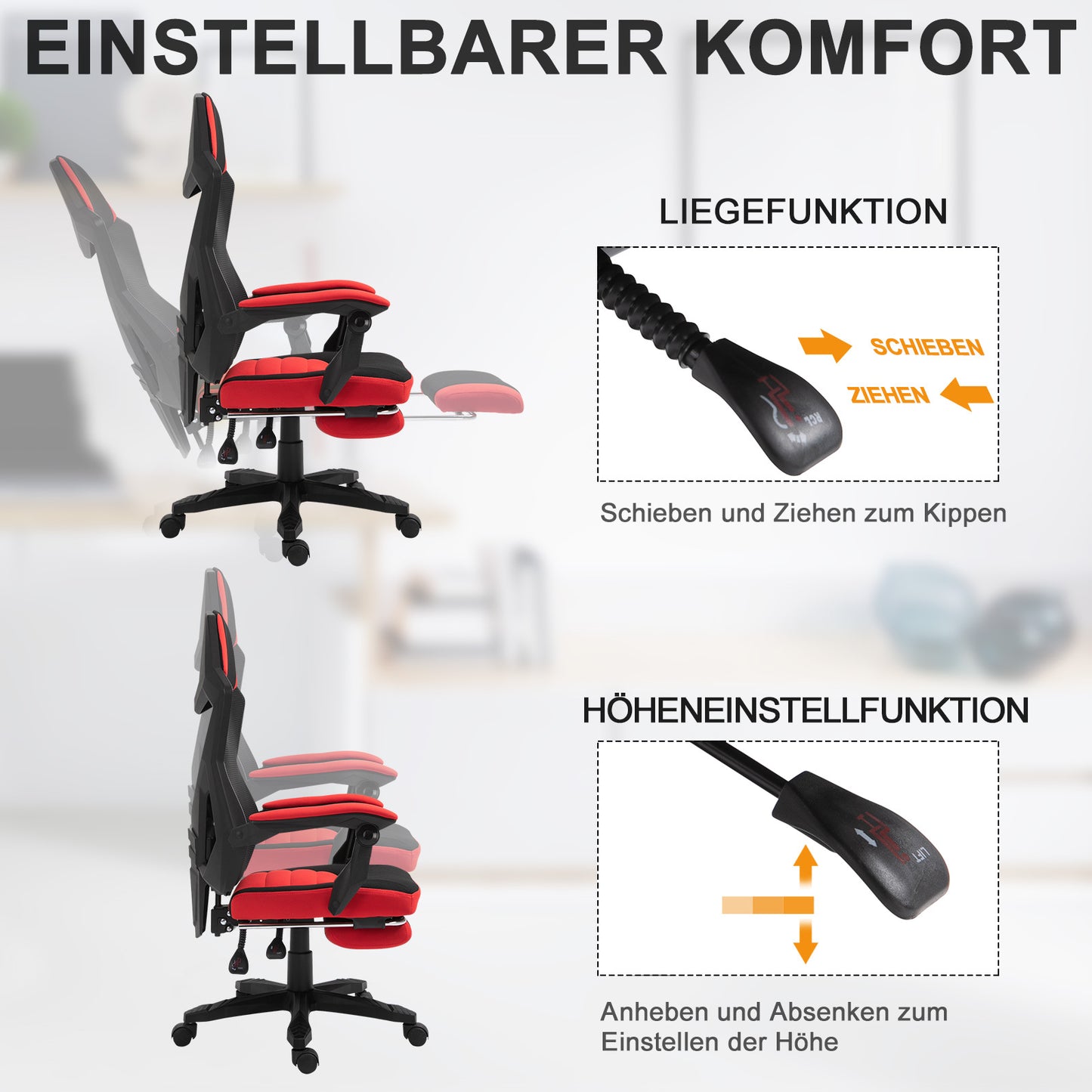 Gamingstoel – Gamestoel – Bureaustoel – Game Chair – Gamestoel – Ergonomisch Design – Verstelbare Hoogte Met Voetsteun – Polyester Zwart/Rood 58x63x112-122 cm