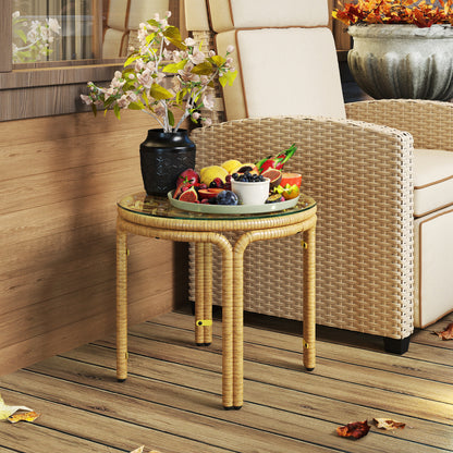 Bijzettafel – Bijzettafeltje – Nachtkastje – Salontafel – Side Table – Ronde Polyrattan Tafel – Veiligheidsglas – 50 cm Ø – Geel