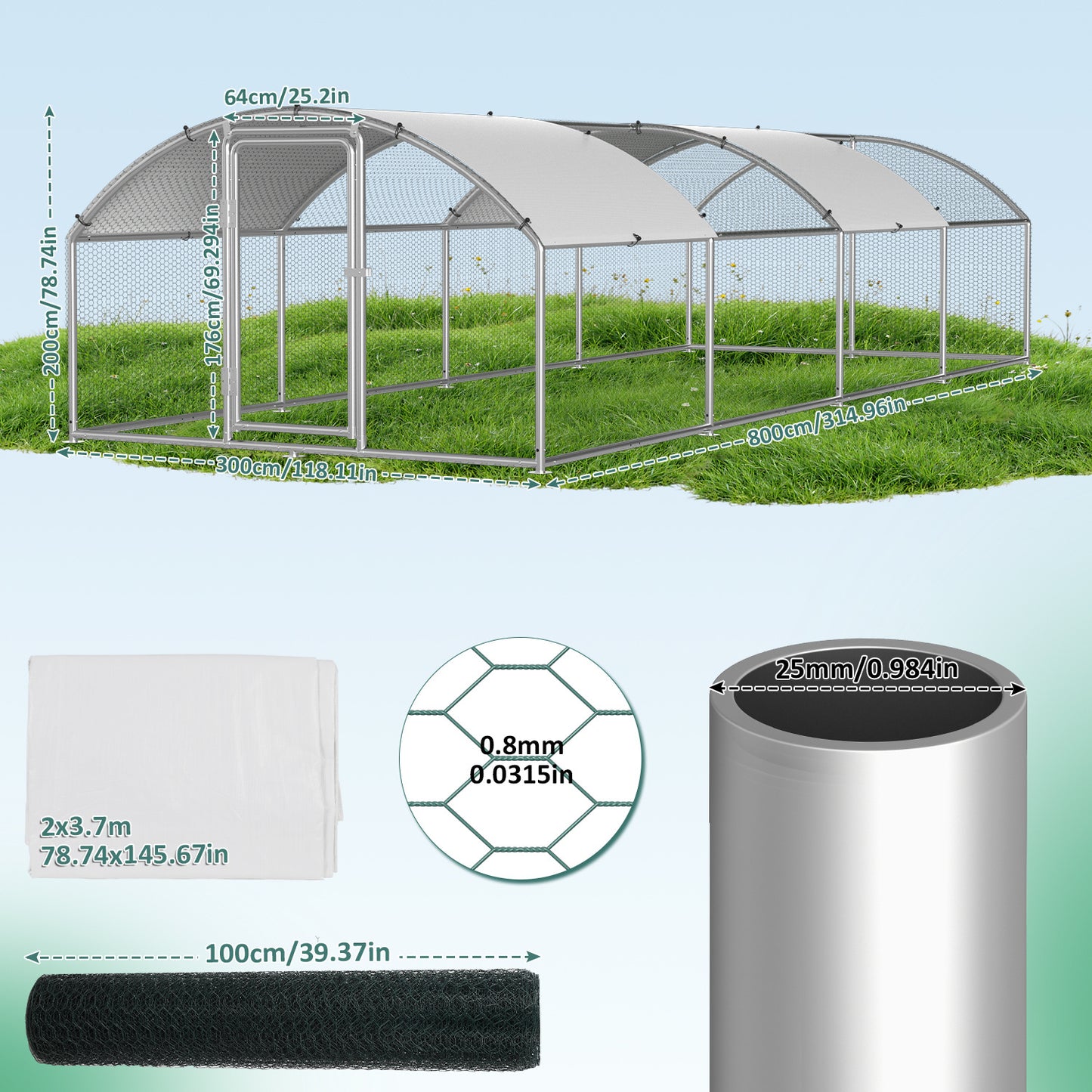 Chicken Coop Free-Range Enclosure, 3X2X2M/3X4X2M/3X6X2M/3X8X2M Galvanized Steel, Chicken House Dome Roof with Lock And Pe-Colored Tarpaulin, Easy to Clean, for Chicken Cage Bird Cage.