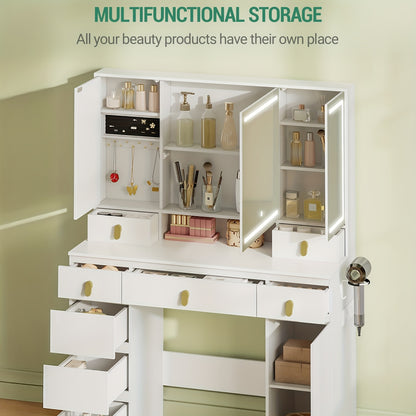 Make-uptafel – Kaptafel – Schminktisch – Make-up Bureau – Wit – LED Verlichting Met Driedelige Spiegel – 8 Laden & Opbergruimte