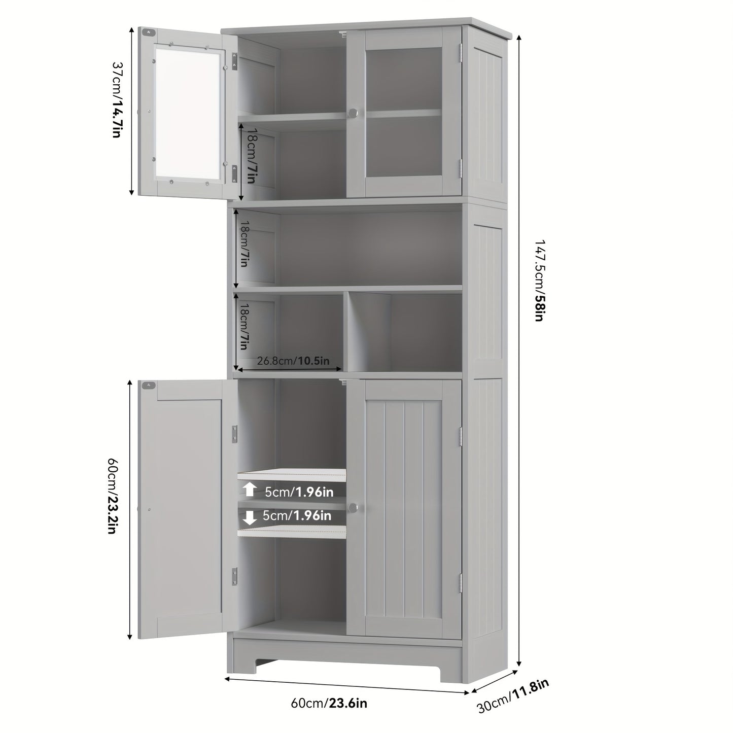 Opbergkast – Badkamerkast – Keukenkast – Bergkast – Opbergmeubel – Grijs – MDF En Hout – Verstelbare Legplanken – Anti-Kantelbeveiliging