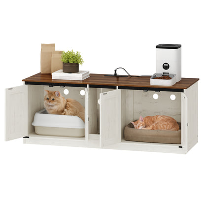 Kattenmeubel – Kattenkast – Kattenbakmeubel – Kattenhuis – Kattenbak Kast – Voor 2 Katten – Met Stopcontacten en USB-poorten – 140 cm – Bruin-Wit