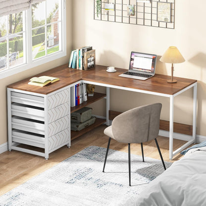 L-vormig Bureau – Hoekbureau – Computertafel – Werkplek Meubel – Bureau Met Laden – 150x110x75 cm – Notenhout & Wit – 4 Laden en 2 Planken – Omkeerbaar en Stevig