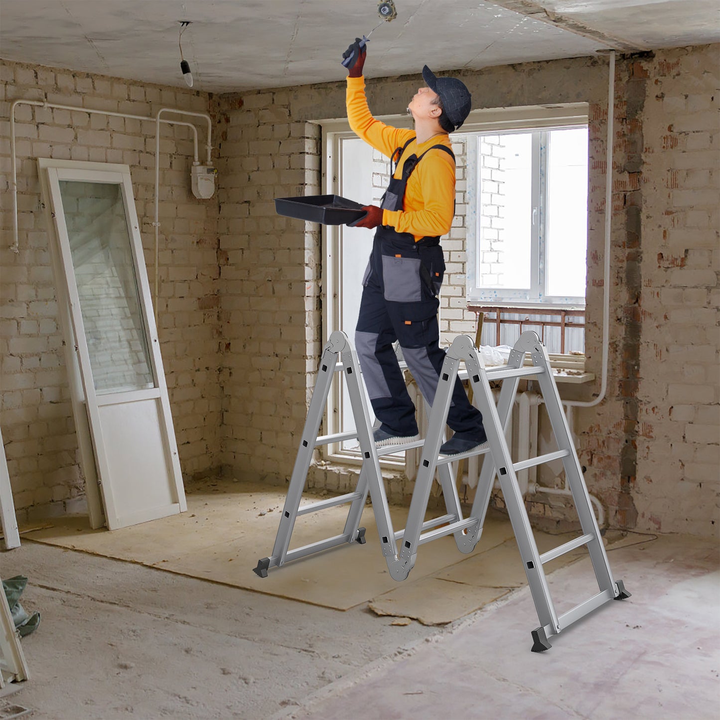 6-in-1 Vouwladder – Multifunctionele Ladder – Steekladder – Werksteiger – Opklapbare Ladder – Aluminium Constructie – Max 4 Meter Hoogte
