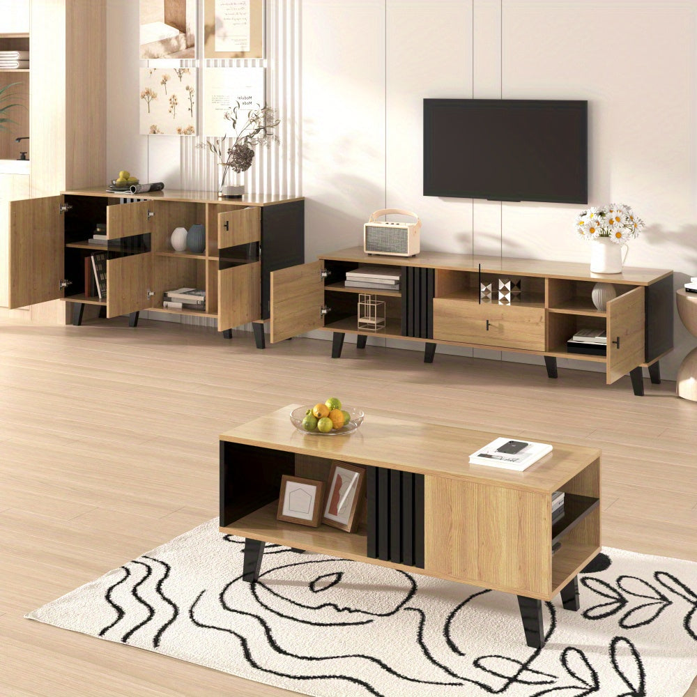 TV cabinet, entertainment cabinet, stylish and elegant: 170cm TV cabinet, wood colour and black design, TV furniture, low cabinet with drawers, multiple storage functions, unique appearance, ideal for living room furniture