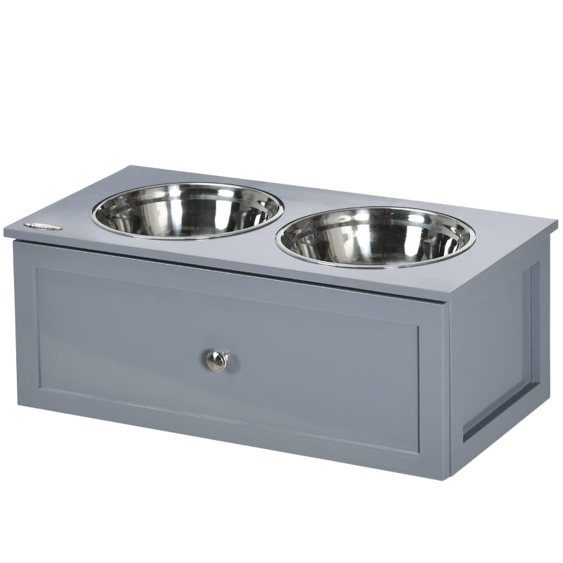 Hondenvoerbak – Voerstation – Voerbakken – Drinkbak – Voerkom – Verhoogde Voerstandaard – 2 Roestvrijstalen Kommen 2L – Met Opberglade Grijs 60x30x24 cm