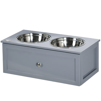 Hondenvoerbak – Voerstation – Voerbakken – Drinkbak – Voerkom – Verhoogde Voerstandaard – 2 Roestvrijstalen Kommen 2L – Met Opberglade Grijs 60x30x24 cm