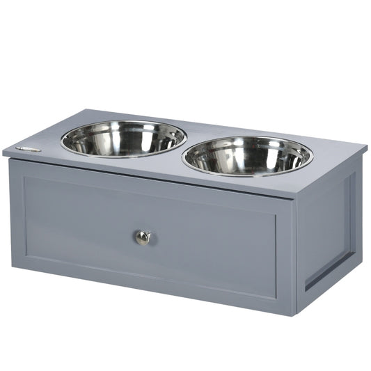 Hondenvoerbak – Voerstation – Voerbakken – Drinkbak – Voerkom – Verhoogde Voerstandaard – 2 Roestvrijstalen Kommen 2L – Met Opberglade Grijs 60x30x24 cm