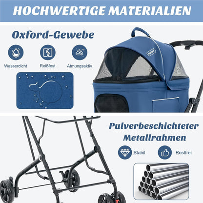 Hondenbuggy – Huisdierenwagen – Wandelwagen – Dierenbuggy – Transportbox – 3-in-1 Opvouwbaar – Oxford Stof & Metaal – Tot 16 kg – Ventilatie Gaasvensters & Opbergvakken – Blauw
