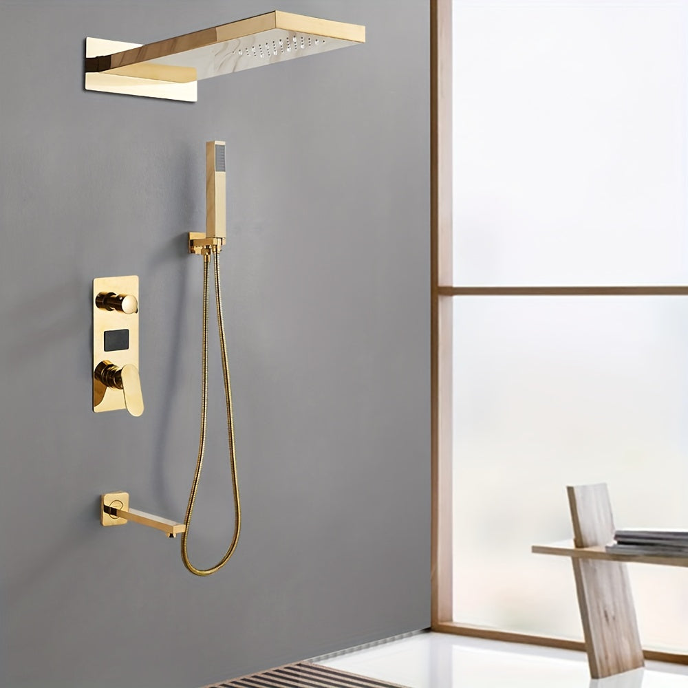 Doucheset – Douche Systeem – Douchekraan – Regendouche – Douchekolom – Thermostatisch Mengventiel – Messing Goudkleurig – LED Temperatuurindicatie