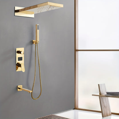 Doucheset – Douche Systeem – Douchekraan – Regendouche – Douchekolom – Thermostatisch Mengventiel – Messing Goudkleurig – LED Temperatuurindicatie