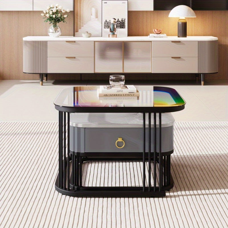 Salontafel – Koffietafel – Bijzettafel – Tafeltje – Side Table – Zwarte uitvoering – Set van 2 Stapelbare Tafels – Hoogglans Marmer Look – Lades en Glazen Blad