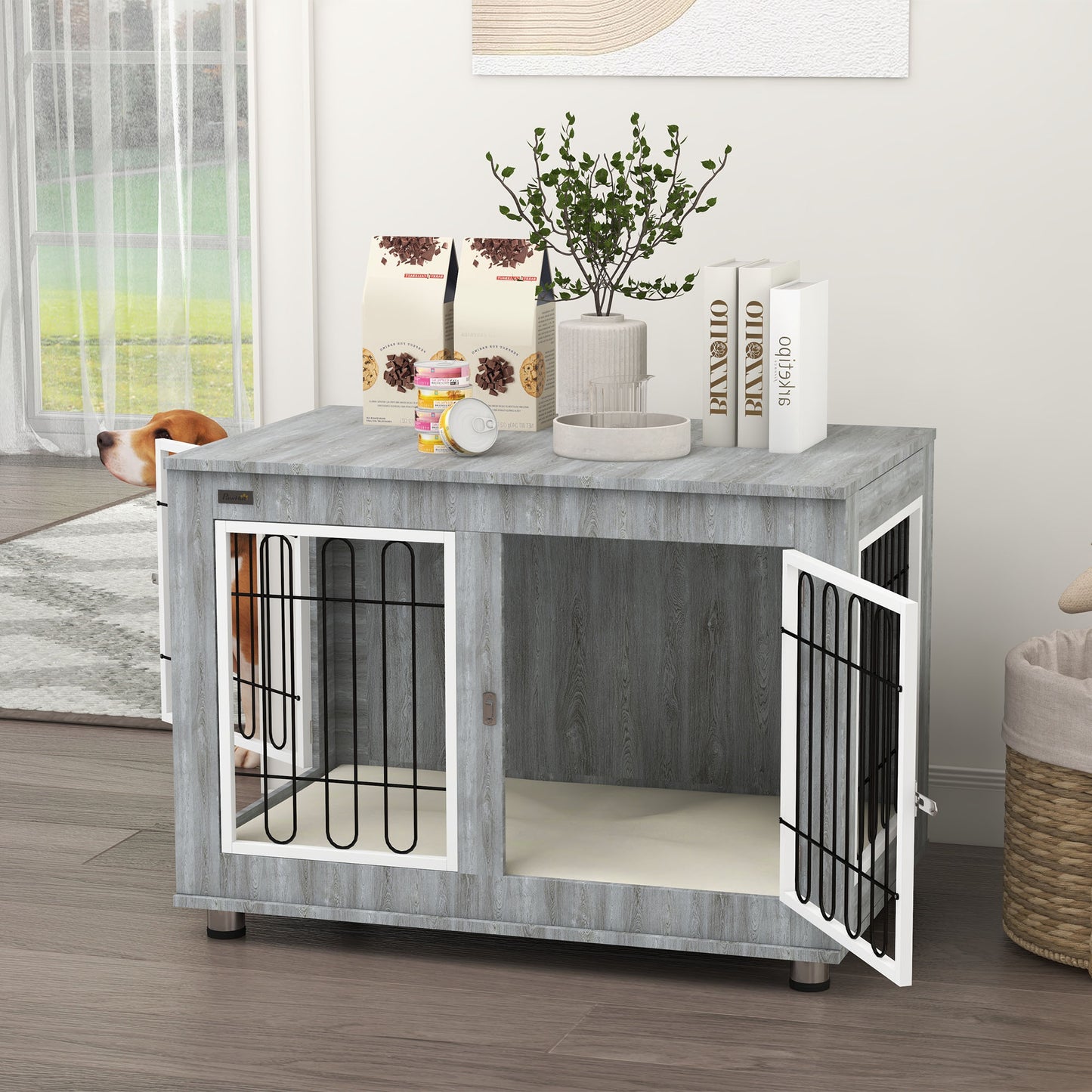 Hondenbench – Hondenkennel – Hondenkooi – Hondenkooi Bench – Hondenbench Met Kussen – Grijs – 2 Dubbele Sloten – Afneembaar Wasbaar Kussen – 90x58x65 cm
