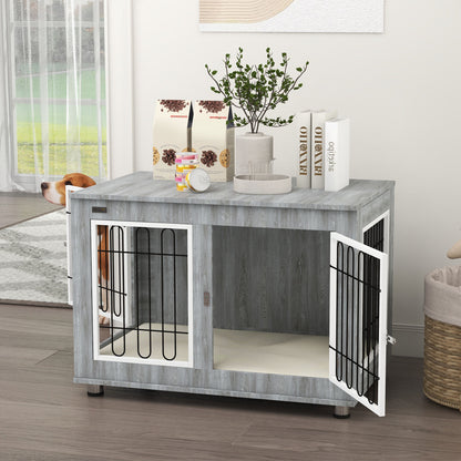 Hondenbench – Hondenkennel – Hondenkooi – Hondenkooi Bench – Hondenbench Met Kussen – Grijs – 2 Dubbele Sloten – Afneembaar Wasbaar Kussen – 90x58x65 cm
