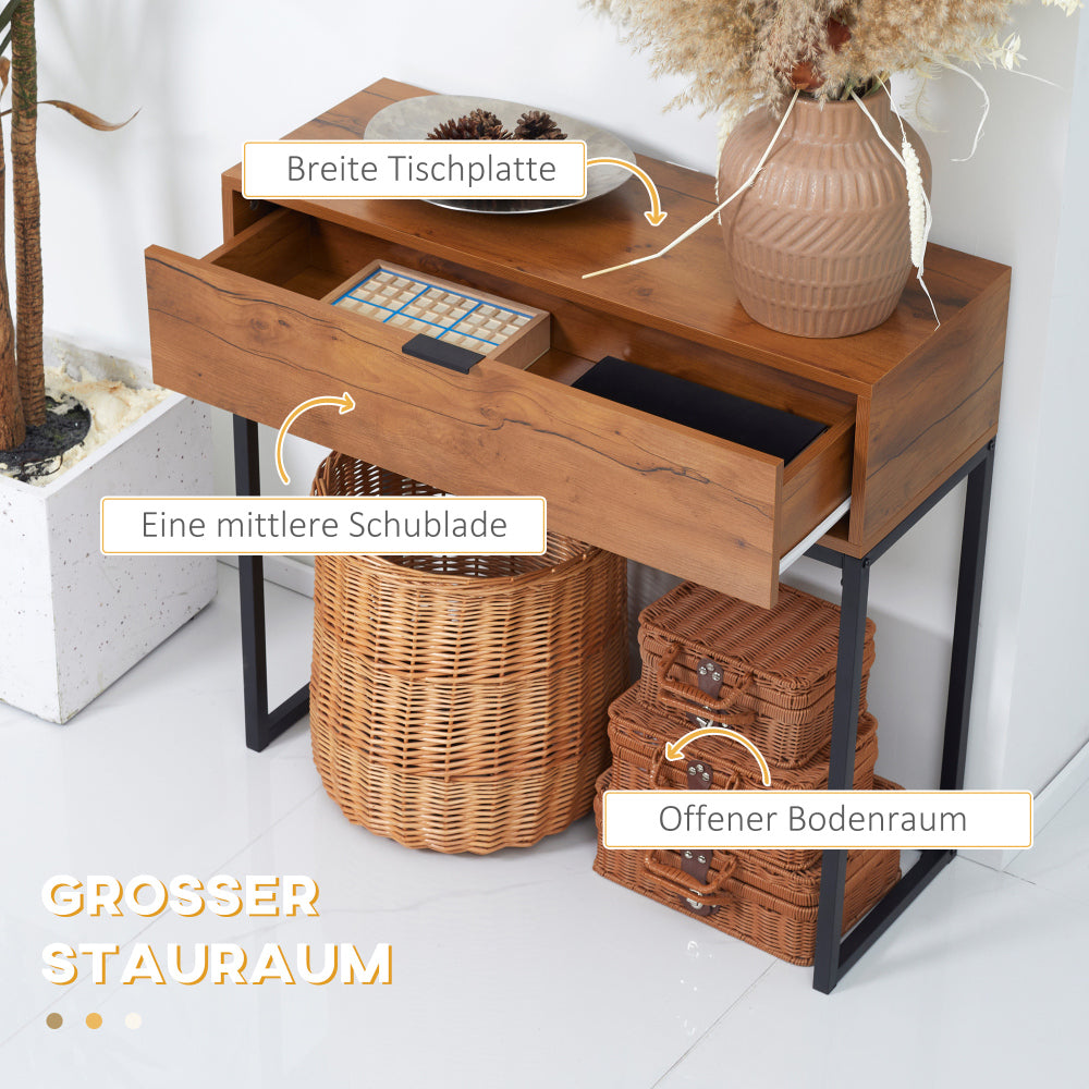 Sidetable – Consoletafel – Haltafel – Wandtafel – Bijzettafel – Stalen Frame – Compact 80x30x76 cm – Zwart/Naturel Met Wit Accent – Met 2 Laden – Eenvoudige Montage