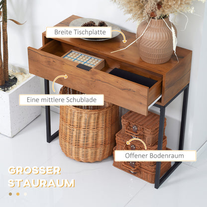 Sidetable – Consoletafel – Haltafel – Wandtafel – Bijzettafel – Stalen Frame – Compact 80x30x76 cm – Zwart/Naturel Met Wit Accent – Met 2 Laden – Eenvoudige Montage