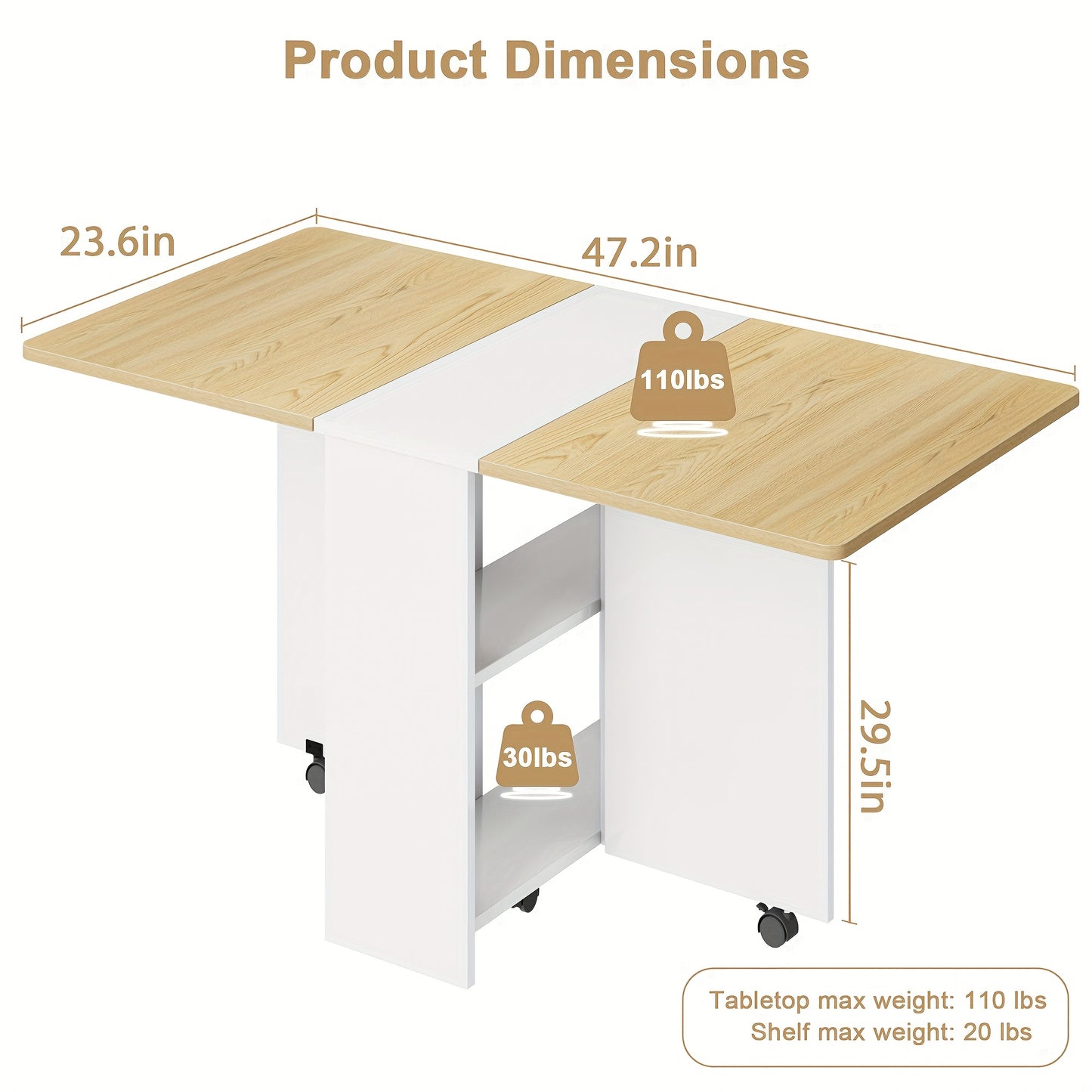 Opvouwbaar bureau – Computerbureau – Schrijftafel – Kantoorbureau – Inklapbare tafel – Licht hout met wit – 6 zwenkwieltjes – 2-laagse opbergruimte – Ruimtebesparend 120x60x75 cm