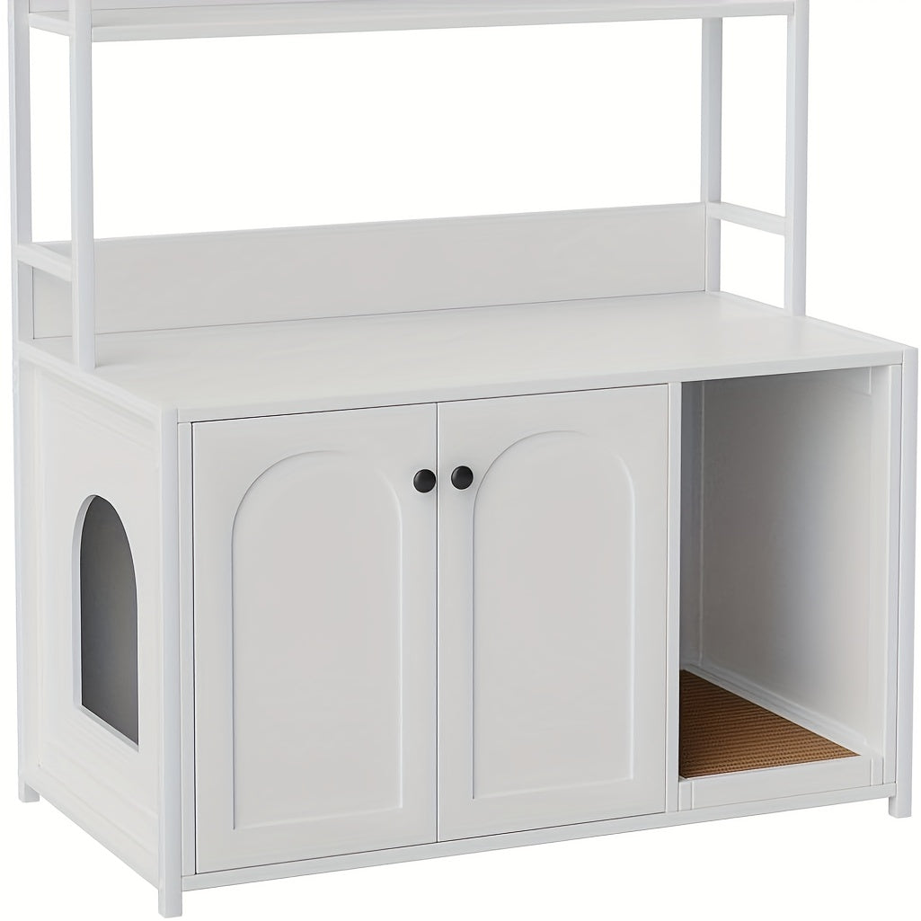 Kattenbakverstopper – Kattenbakmeubel – Kattenhuis – Kattenkast – Kattenberging – Dubbele Deur Toegang – Ingebouwde Krabpaal – Compact 90x45 cm – Stevige Witte Constructie