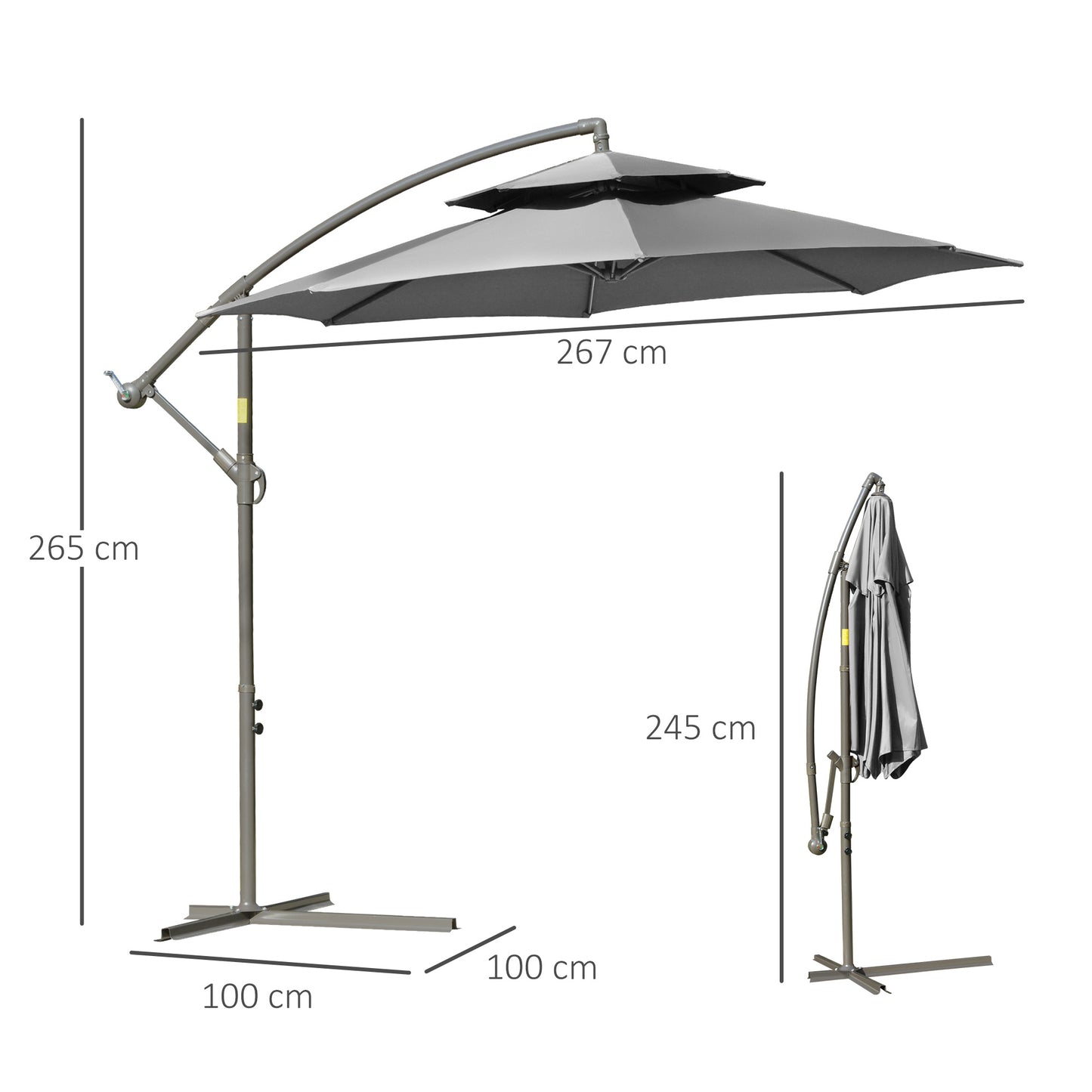 Parasol – Stokparasol – Zweefparasol – Buitenparasol – Terrasparasol – Extra Groot Ø2,67 m – Dubbele Kap & Stalen Frame – Lichtgrijs