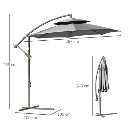 Parasol – Stokparasol – Zweefparasol – Buitenparasol – Terrasparasol – Extra Groot Ø2,67 m – Dubbele Kap & Stalen Frame – Lichtgrijs