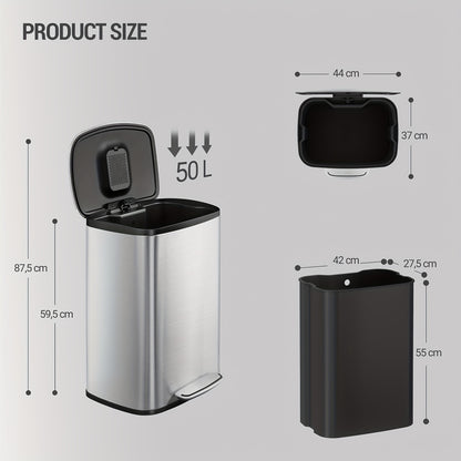 Keukenprullenbak – Afvalbak – Vuilnisbak – Pedaalbak – Afvalcontainer – Silvery – 50 Liter Capaciteit – Soft-Close Deksel Met Binnenemmer