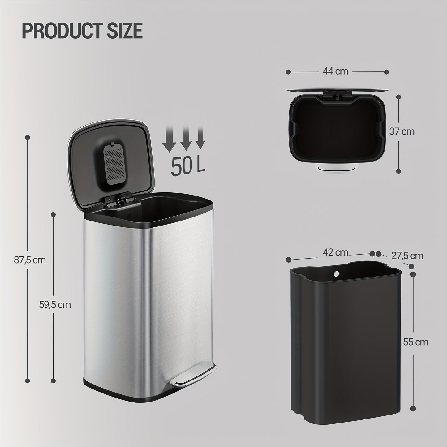 Prullenbak – Afvalbak – Afvalemmer – Pedaalemmer – Vuilnisbak – 50 Liter Inhoud – Softclose Deksel – Met Binnenemmer en 15 Vuilniszakken